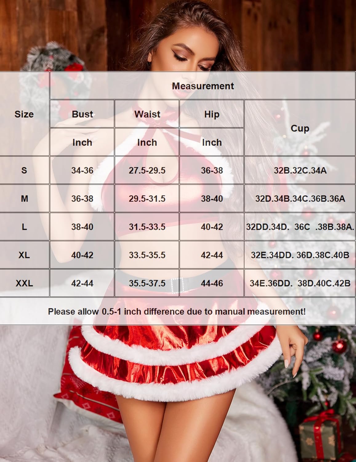 Size chart overlay over red satin mini skirt with white faux-fur trim