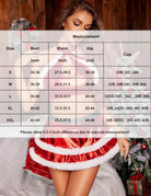 Size chart overlay over red satin mini skirt with white faux-fur trim