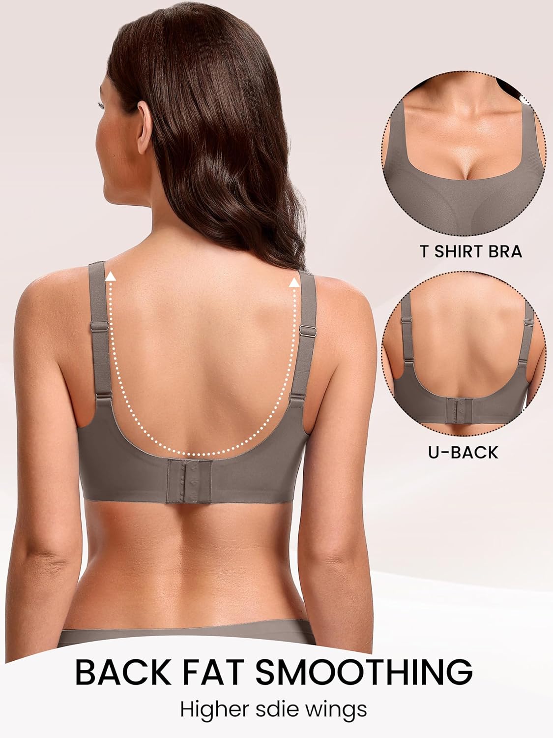 Grey wireless bra back view with wide adjustable straps and smoothing coverage