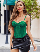 Green lace corset bustier top with underwire cups and thin spaghetti straps