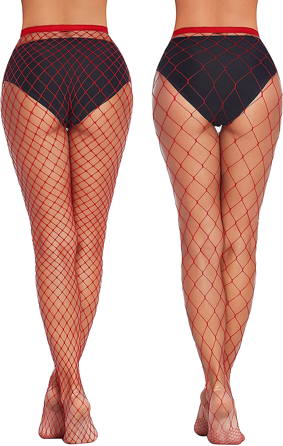 Red fishnet stockings for plus size with dark waistband, diamond lattice pattern