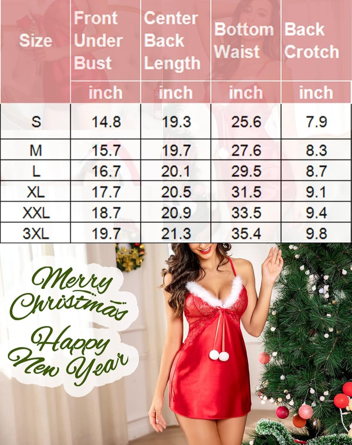 Red satin chemise lingerie with white faux-fur trim and lace bodice, short slip