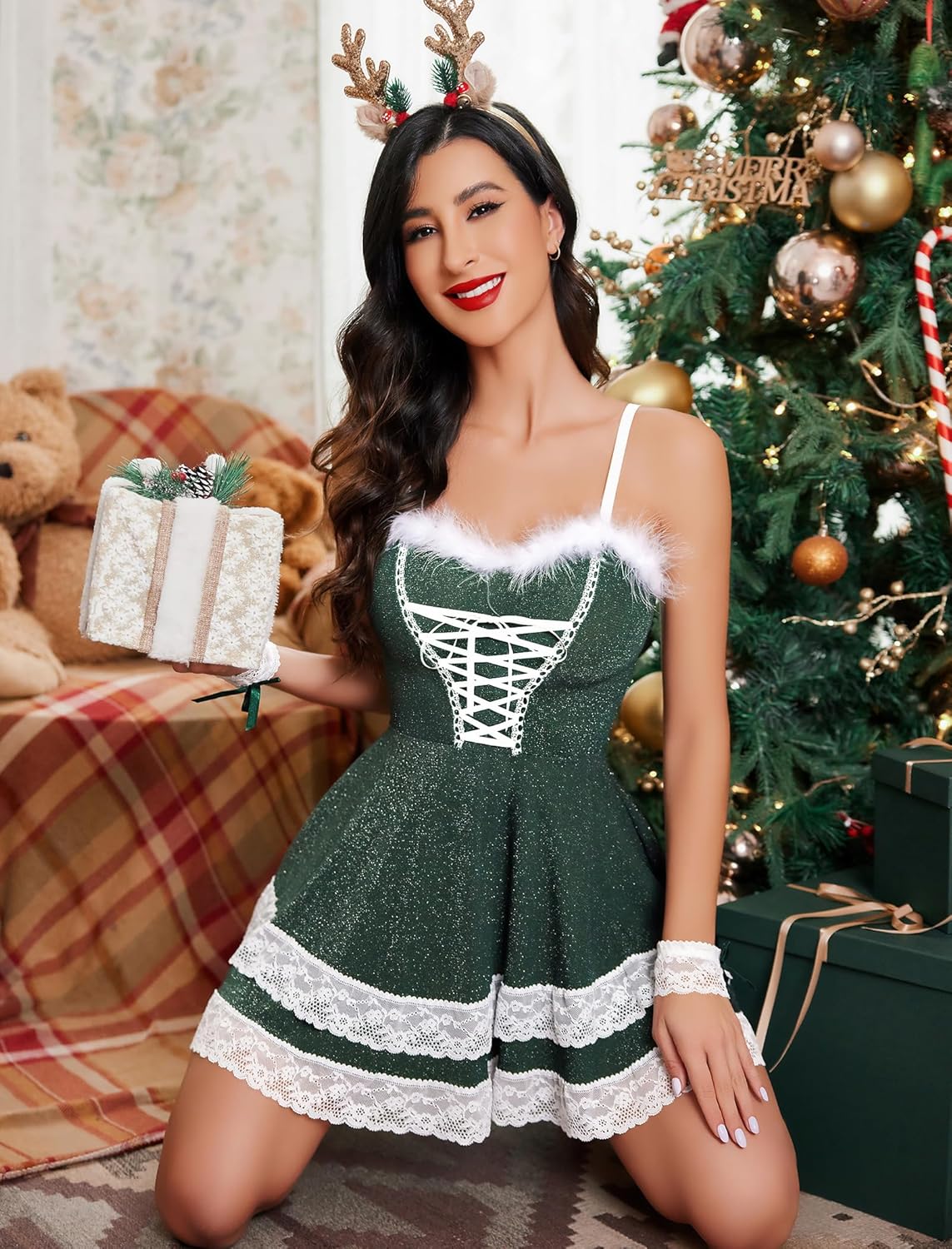 Dark green V-neck party dress with white faux-fur trim, front lacing, and lace hem