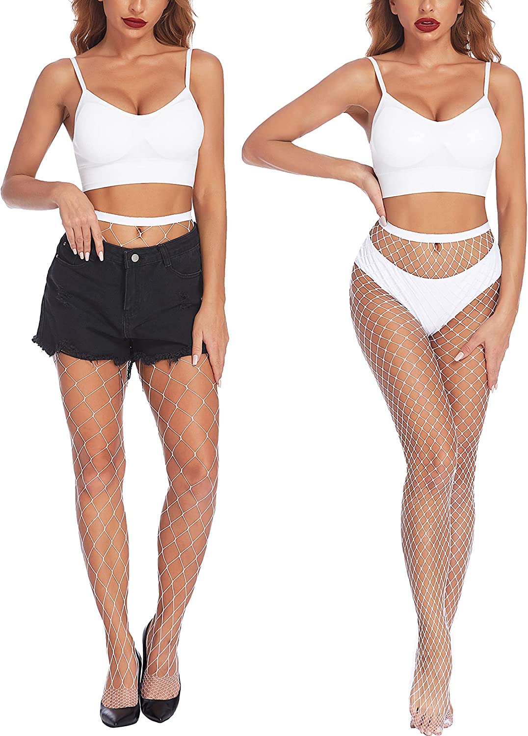White fishnet stockings for plus size with diamond lattice and wide waistband