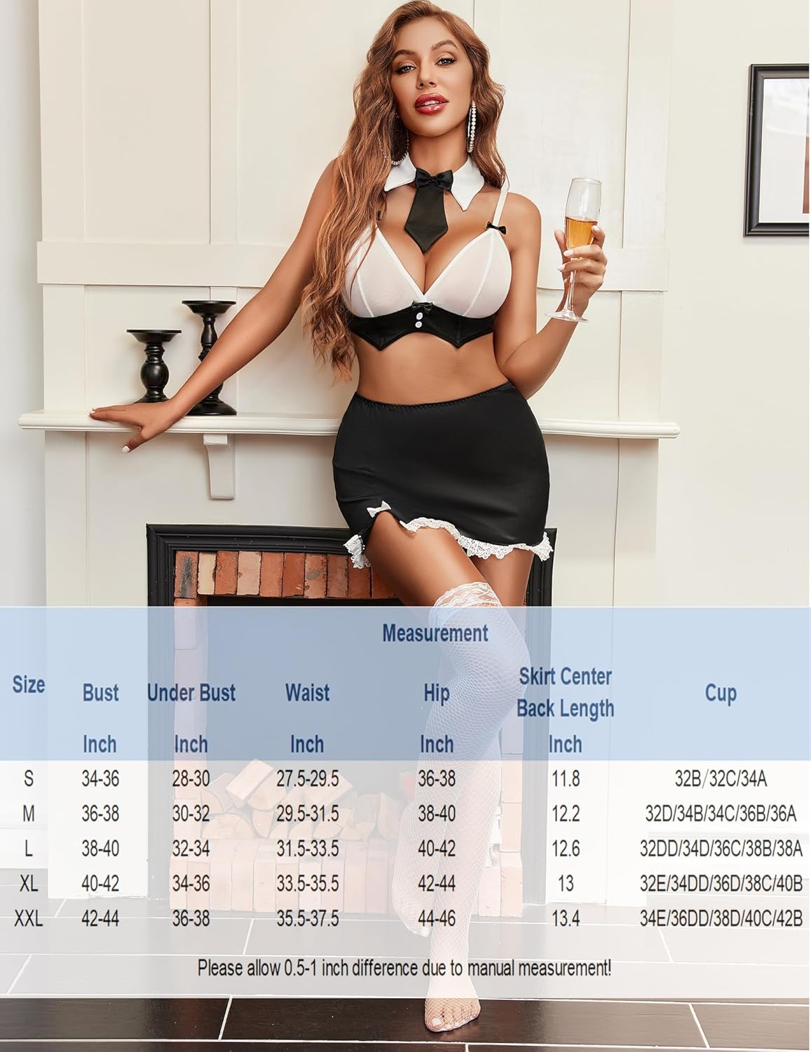Black roleplay uniform set: white triangle bra and black mini skirt, lace hem, bow tie