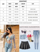 Mesh crop top size chart with matching suggestion items shown