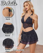Black polka-dot halter V-neck crop top and ruffle hem tiered mini skirt set