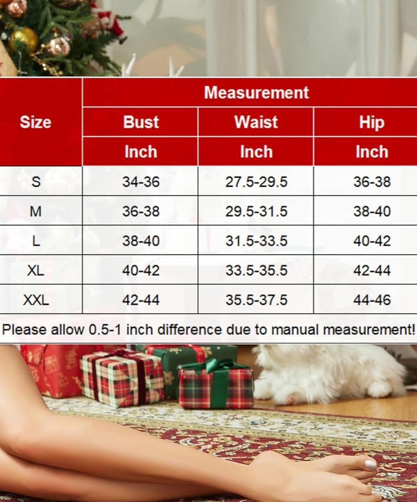 Santa dress set size measurement chart with bust, waist, and hip in inches