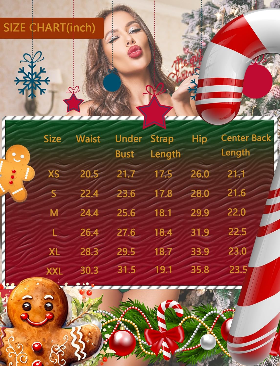 Nighty size chart with waist, under strap bust, hip, length, and center back length table
