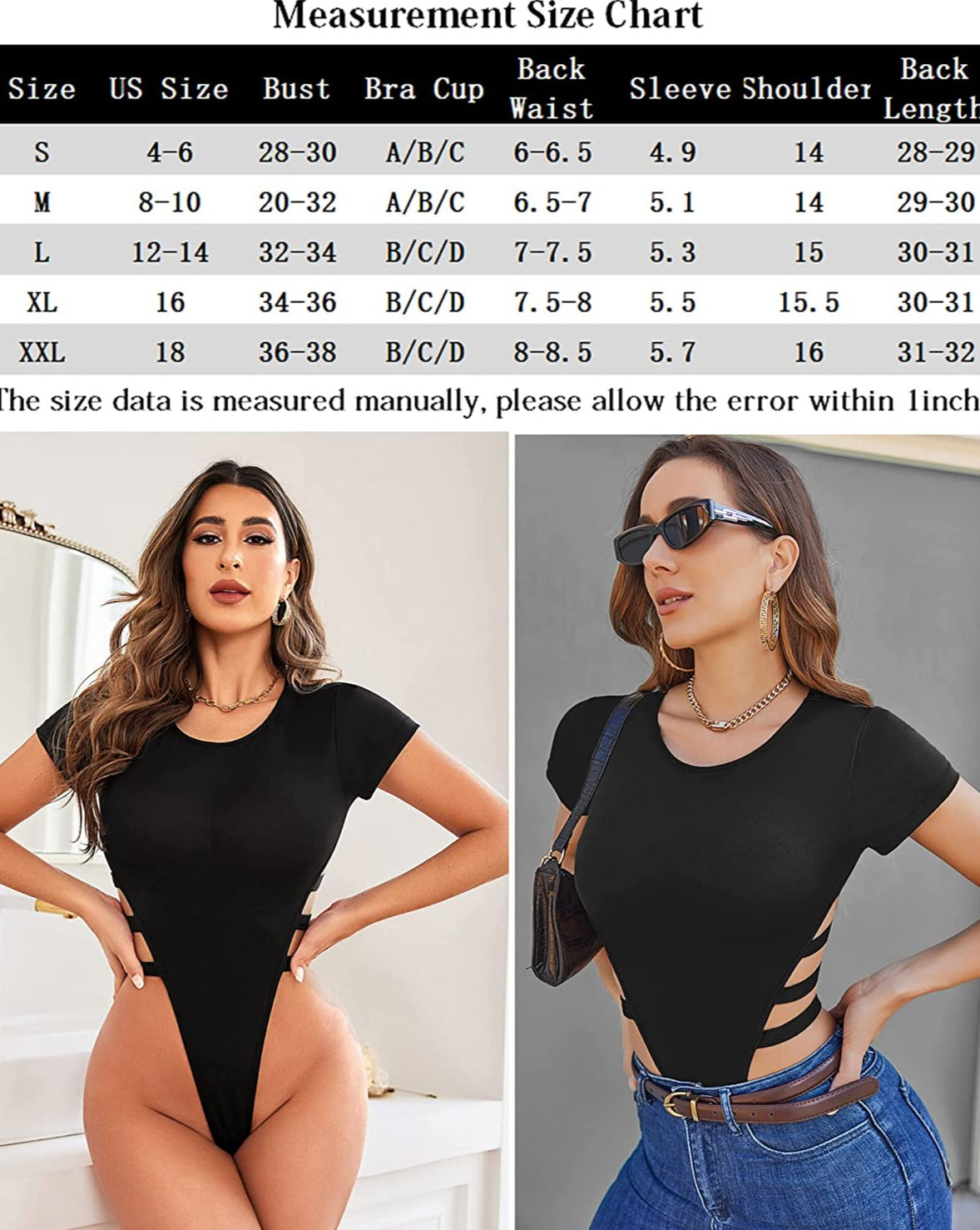 Black short-sleeve cut-out bodysuit leotard with curved side cutouts