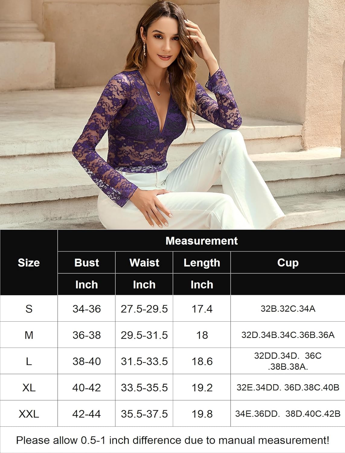Mesh long sleeve floral lace top measurement chart: bust, waist, length, cup