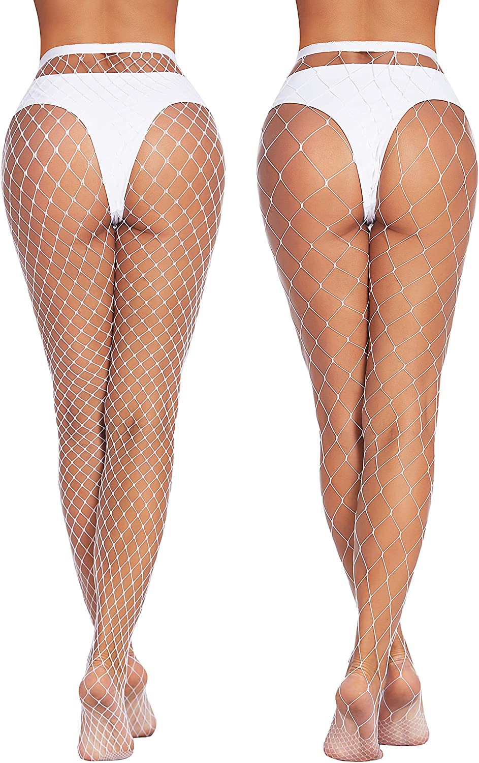 White fishnet stockings with wide waistband, rear full-length diamond pattern