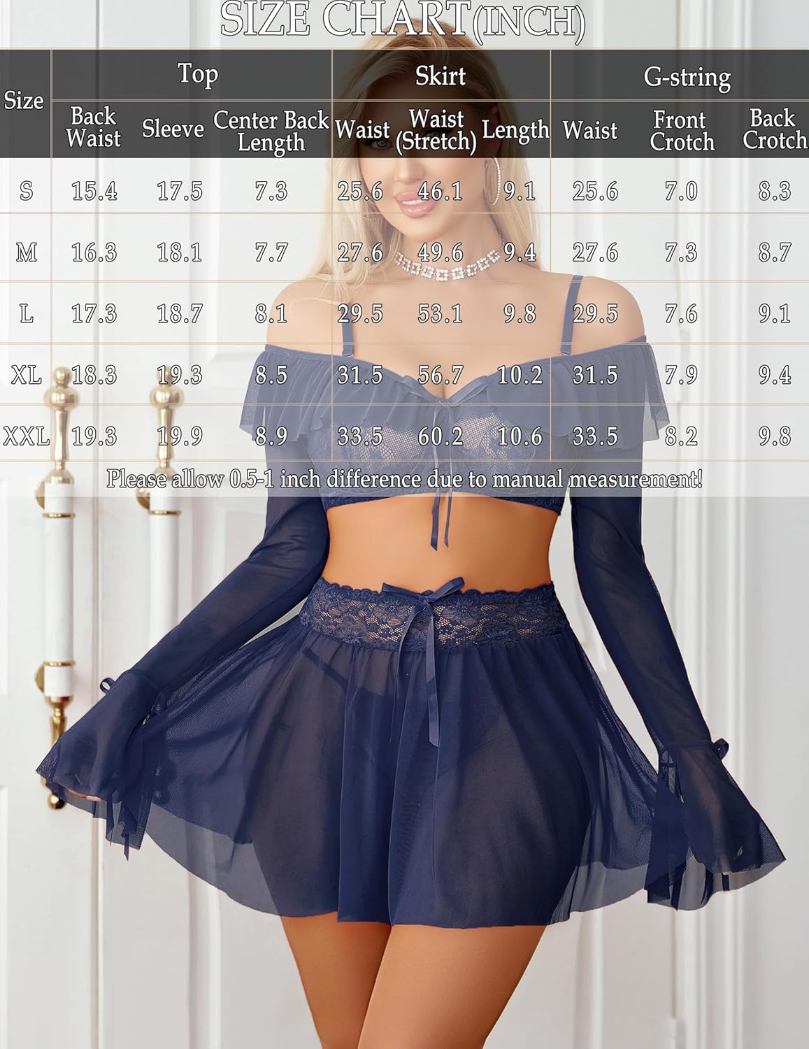 Navy off-shoulder lace lingerie set with ruffle mini skirt and sheer long sleeves