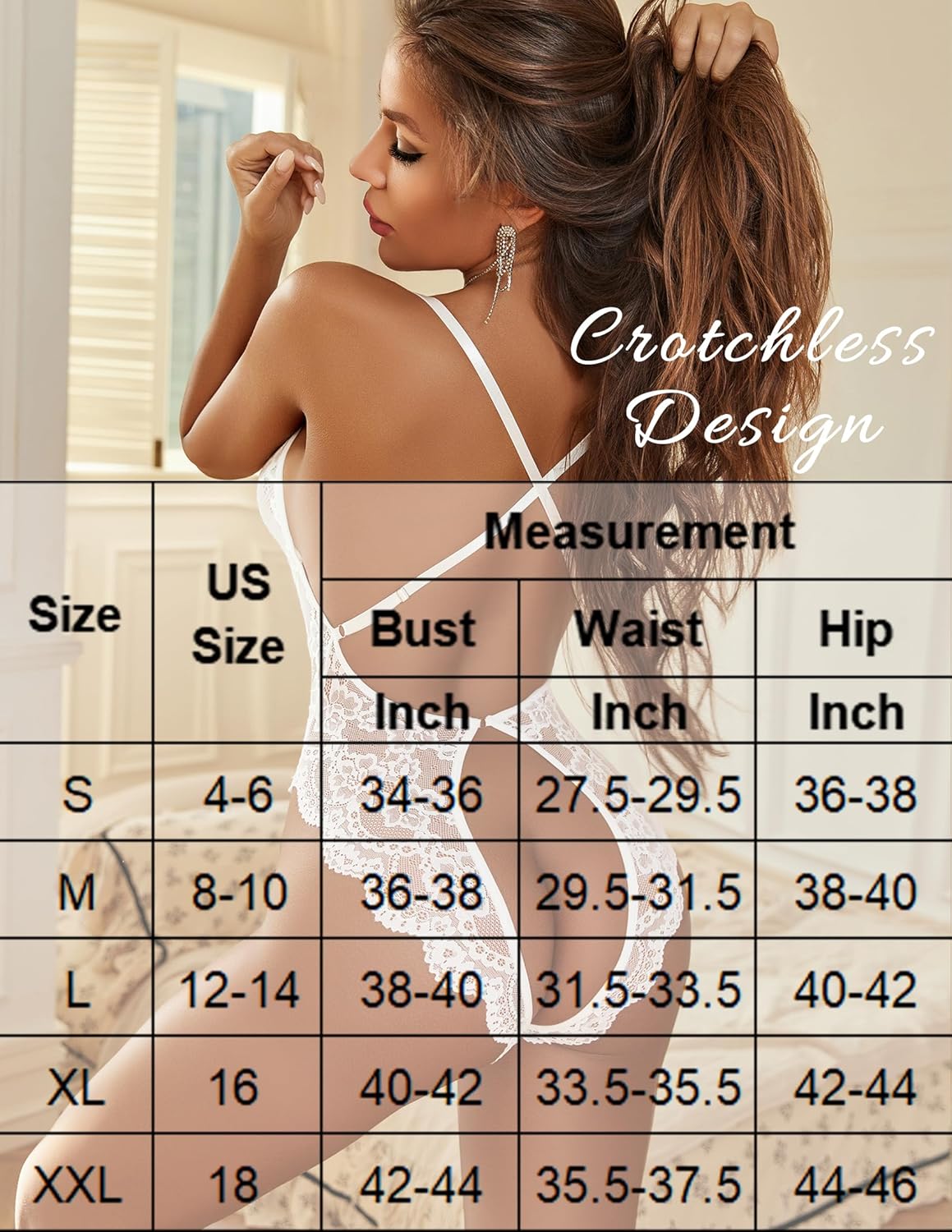Lingerie size measurement chart: US size, bust, waist, and hip in inches