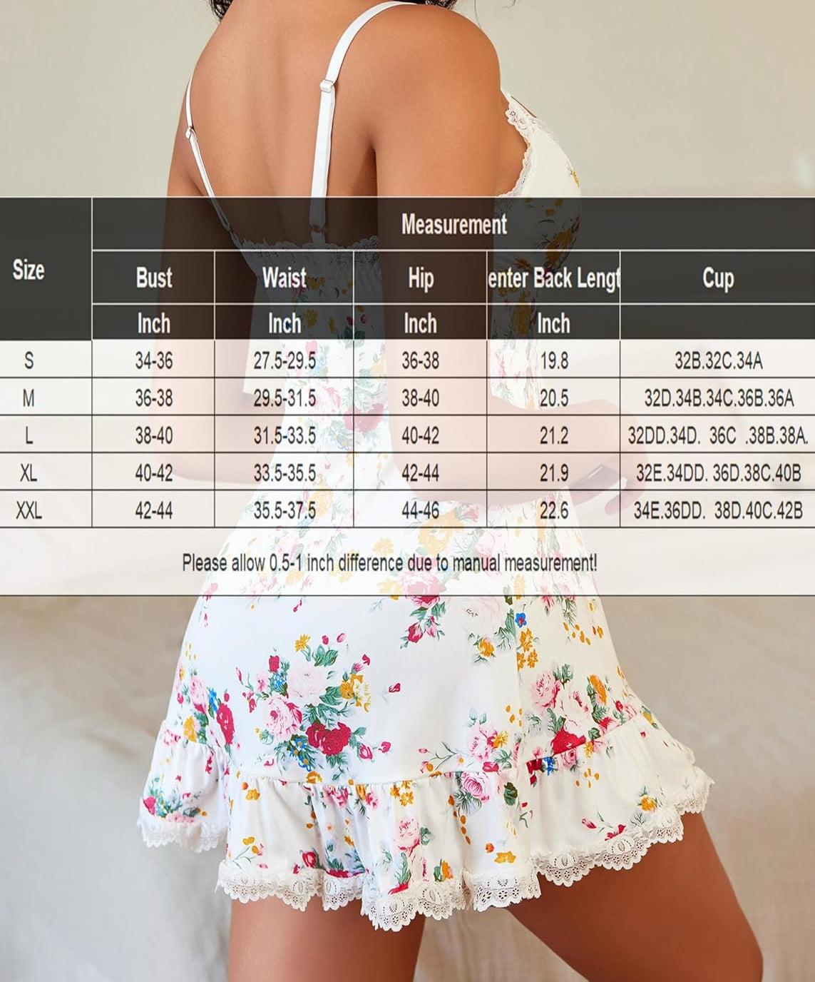 White floral lace-trim babydoll sleepwear with ruffled tiered skirt and scalloped hem