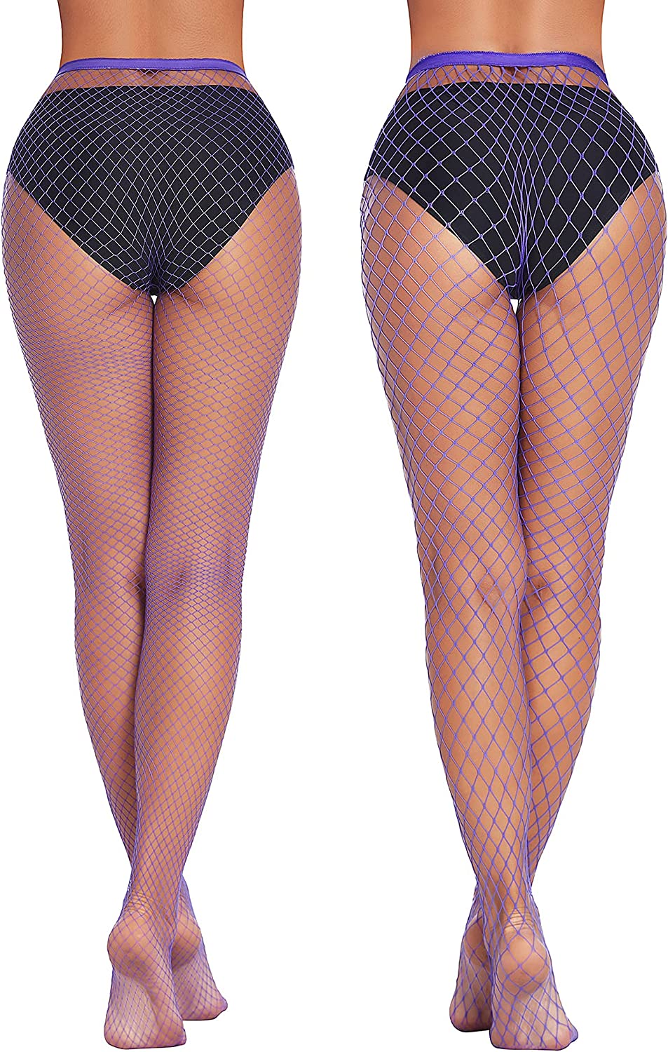 Plus size fishnet stockings in dark navy/black with purple waistband and diamond net