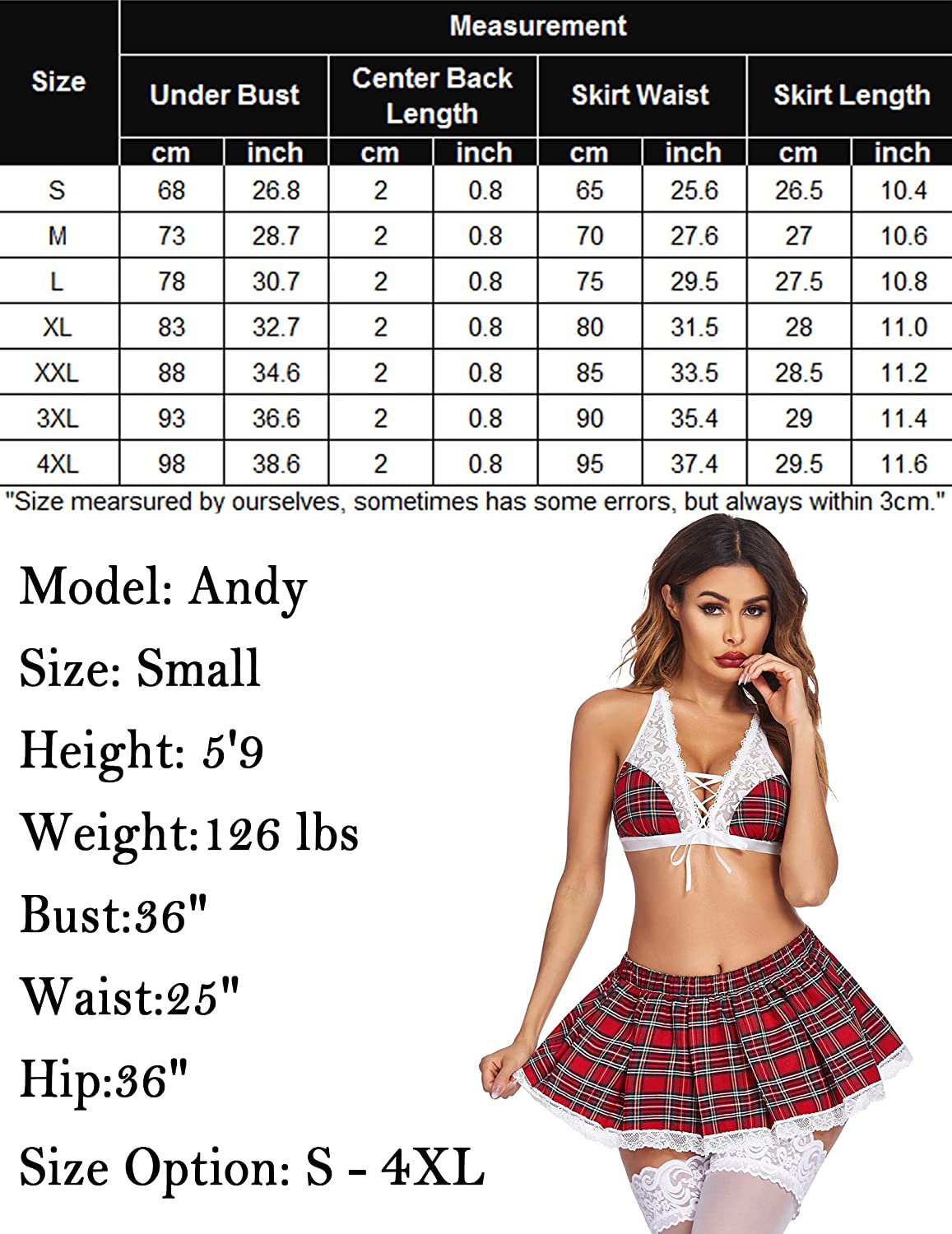 Red plaid costume skirt with white lace hem and matching lace-up bralette on model