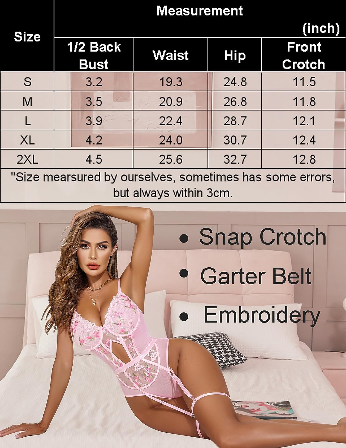 Pink floral embroidered lace bodysuit with garter belt straps and sheer panels