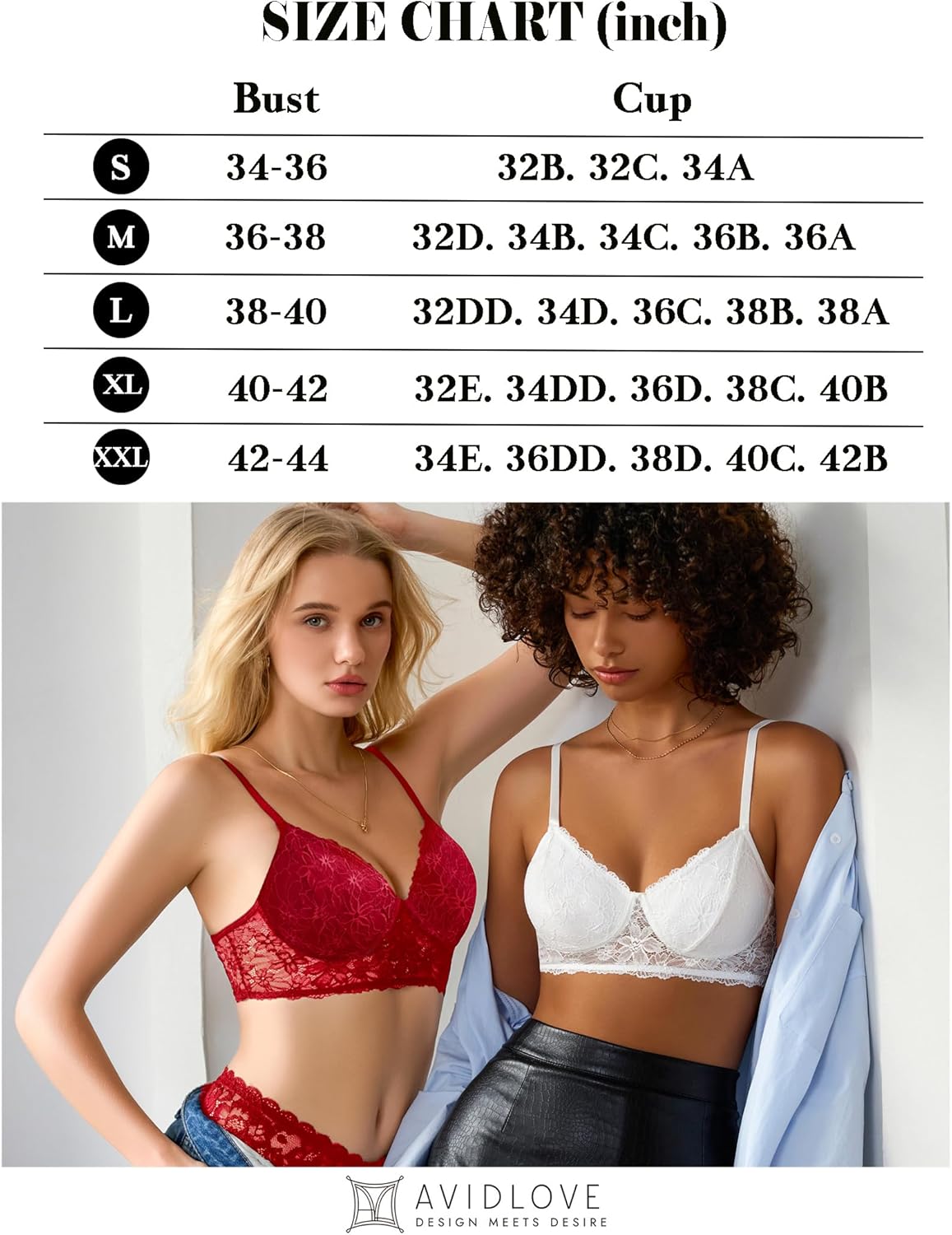 Wireless lace bralettes in red and white with adjustable straps and lace cups
