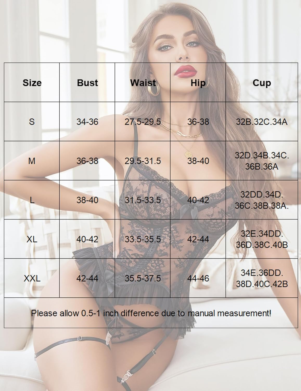 Lingerie size chart table with bust, waist, hip, and cup size ranges