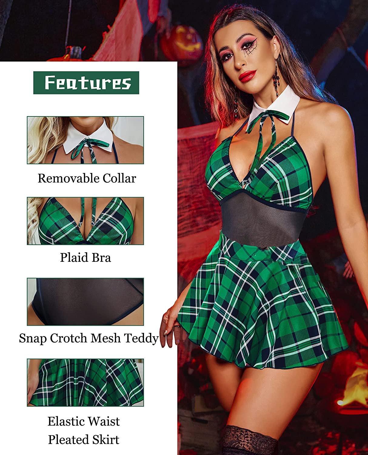 Green plaid snap-crotch dress with removable collar bow, mesh bodice, pleated skirt