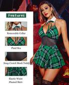 Green plaid snap-crotch dress with removable collar bow, mesh bodice, pleated skirt