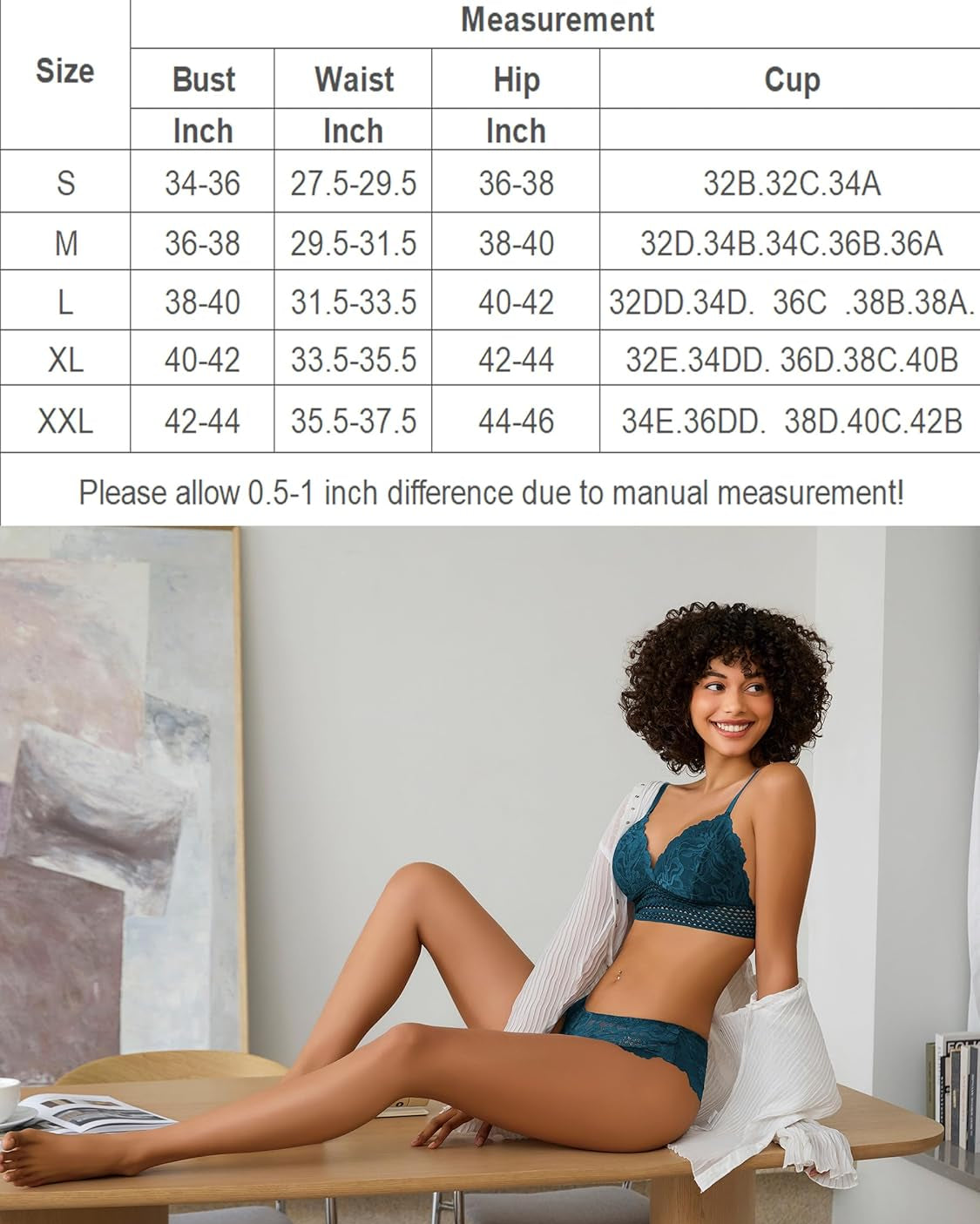 Blue-green lace bralette with V-neck and matching lace hipster panties