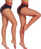 Red and dark fishnet stockings for plus size, diamond grid, wide waistband