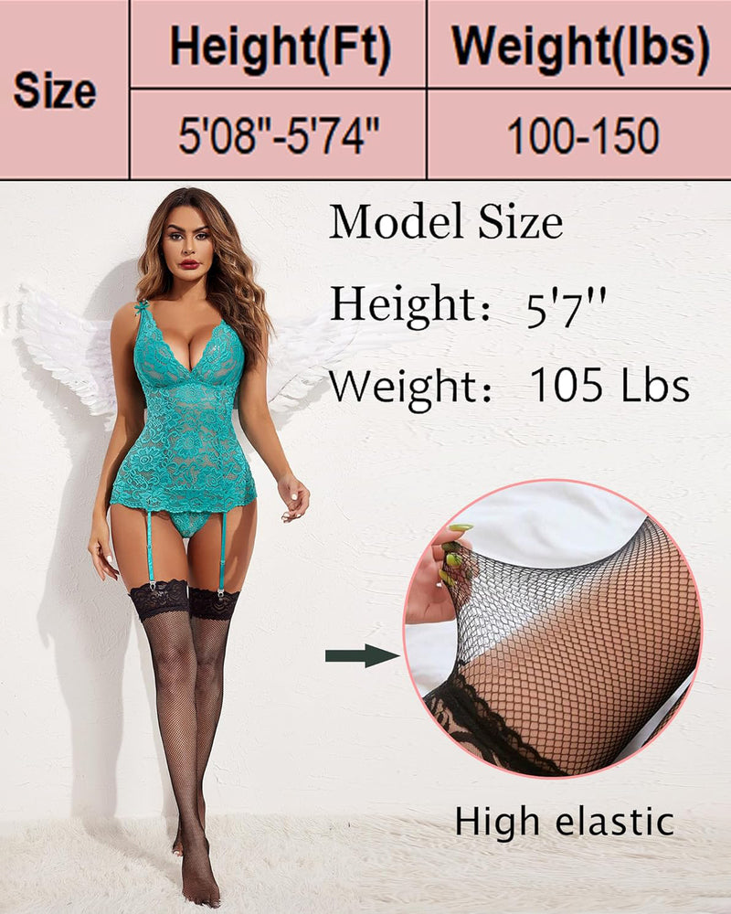 Black fishnet high stockings on model legs with lace top