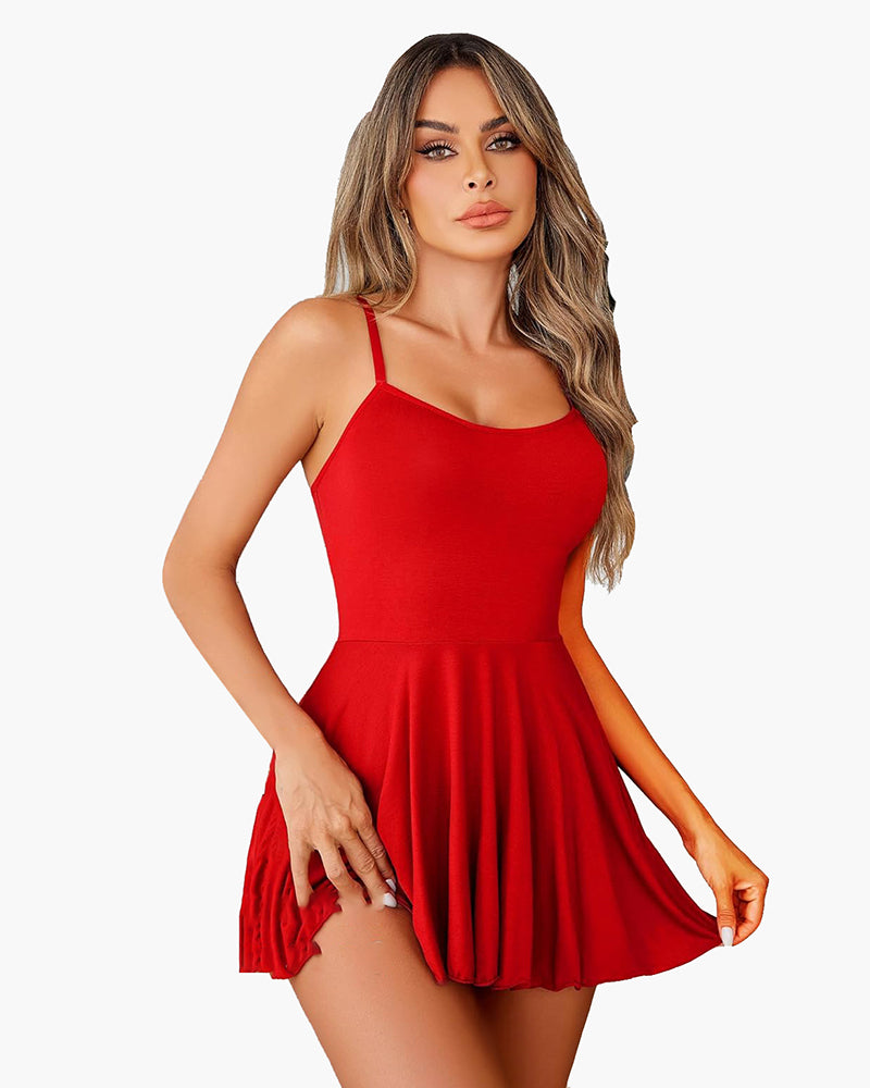 Red strap chemise nightgown with scoop neckline and flared pleated skirt