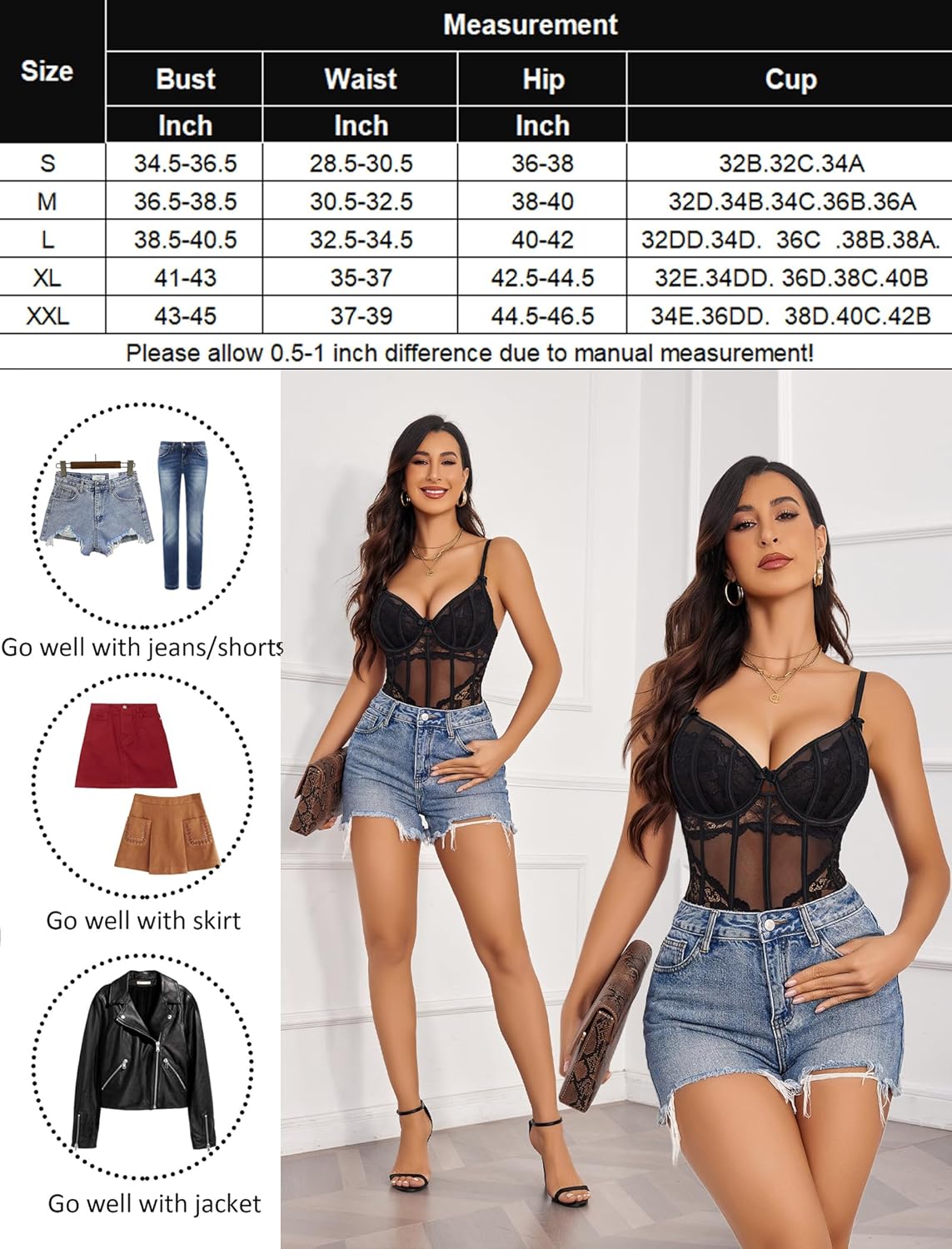 Size measurement chart and styling notes for lace underwire V-neck bodysuit