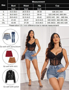 Size measurement chart and styling notes for lace underwire V-neck bodysuit
