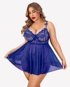 Blue lace babydoll nighty with underwire cups, bow straps, and pleated sheer skirt