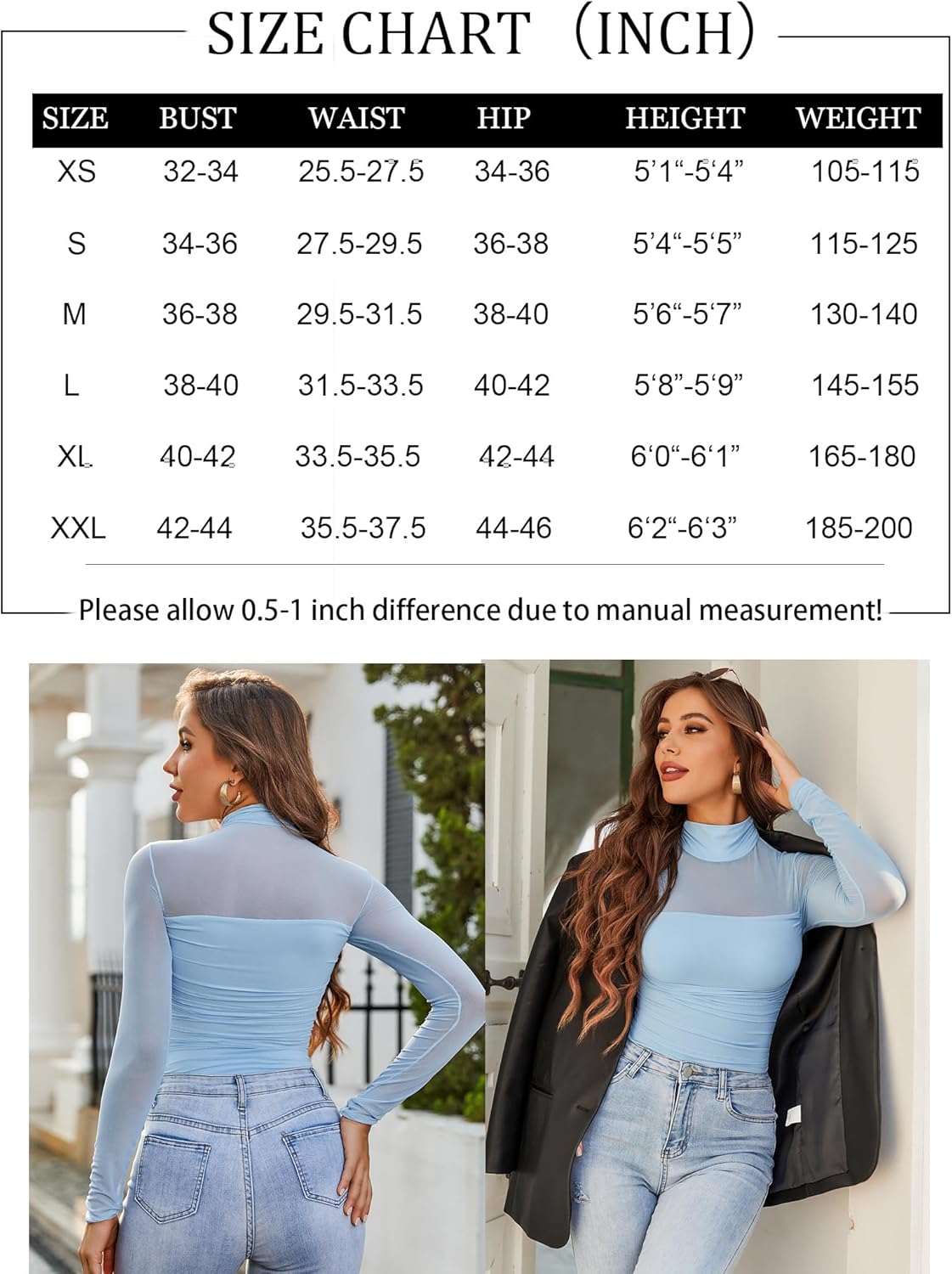 Size chart with light blue mesh turtleneck bodysuit shown in front and back.