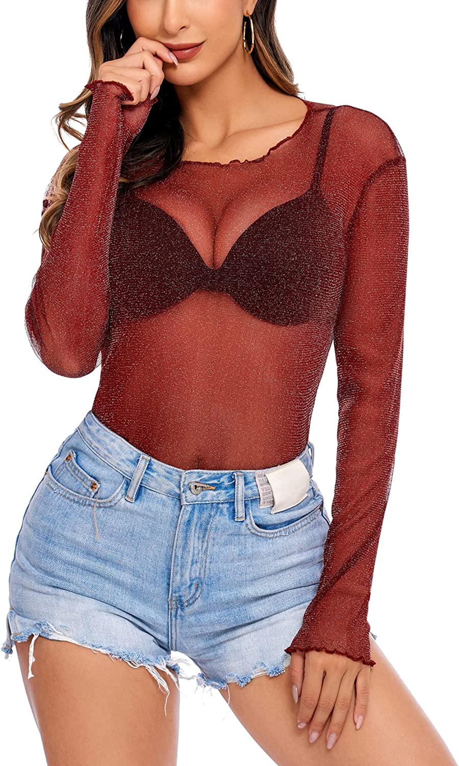 Wine red see-through mesh long-sleeve top with V bra cups and scalloped crew neckline