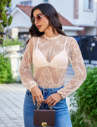 Sheer long-sleeve floral lace mesh top with V yoke and scalloped lace edges