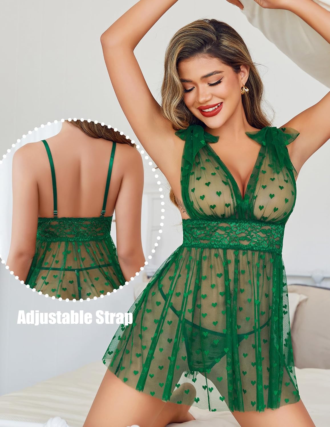 Back view of green sheer mesh lace babydoll nighty with adjustable shoulder straps