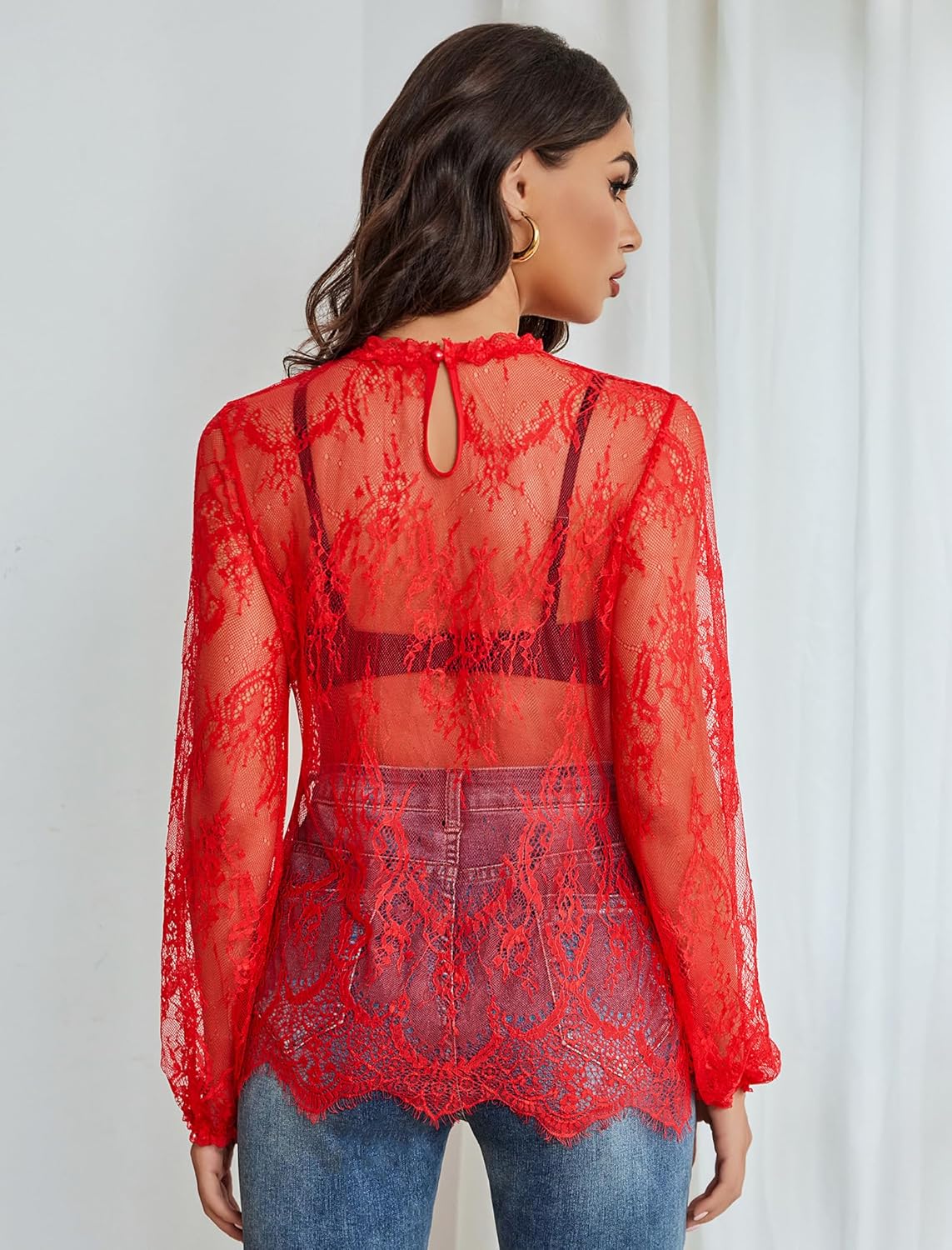 Red sheer lace long-sleeve top, open-back cutout, floral mesh pattern