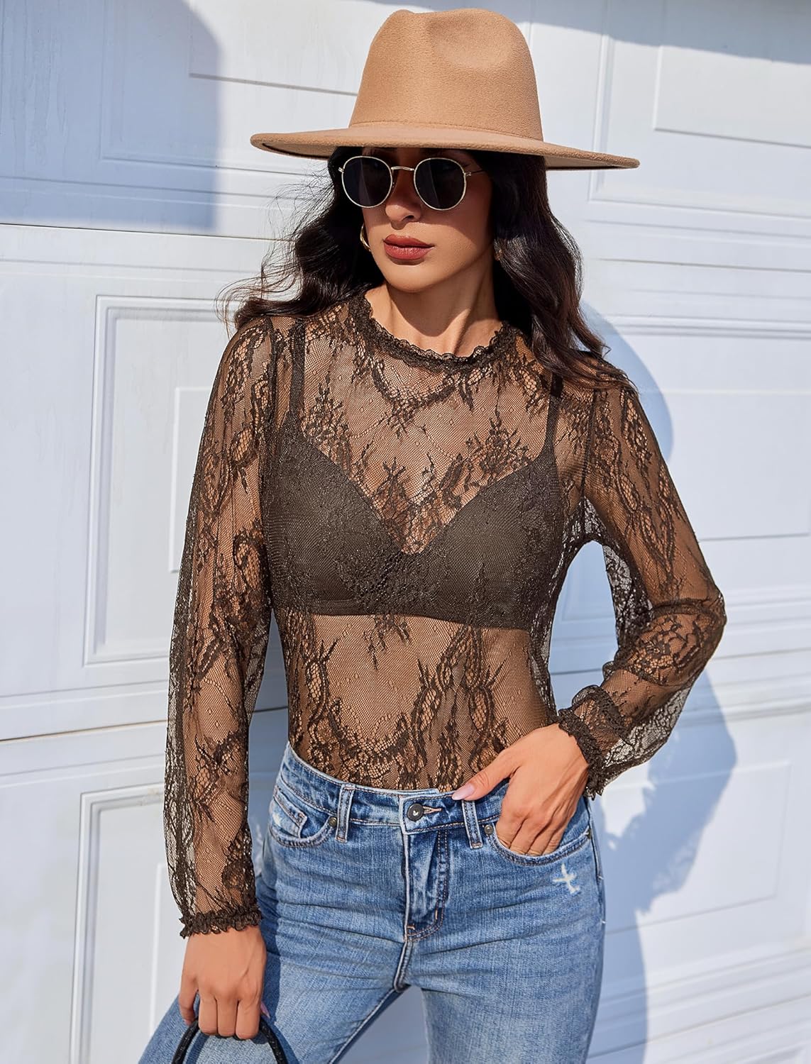 Brown sheer lace long-sleeve top with high neck and diamond floral lace yoke