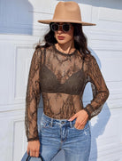 Brown sheer lace long-sleeve top with high neck and diamond floral lace yoke