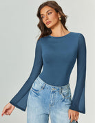 Long-sleeve bodysuit in medium blue with flared sleeves and high-cut legs