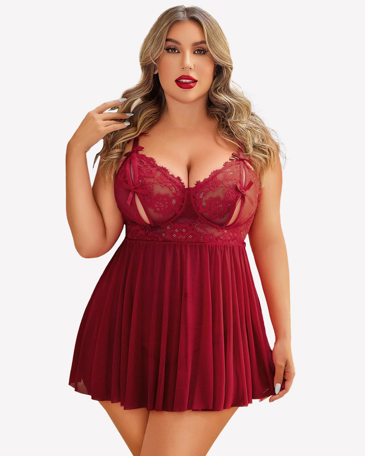Wine red lace babydoll nighty with lace cups and bow spaghetti straps