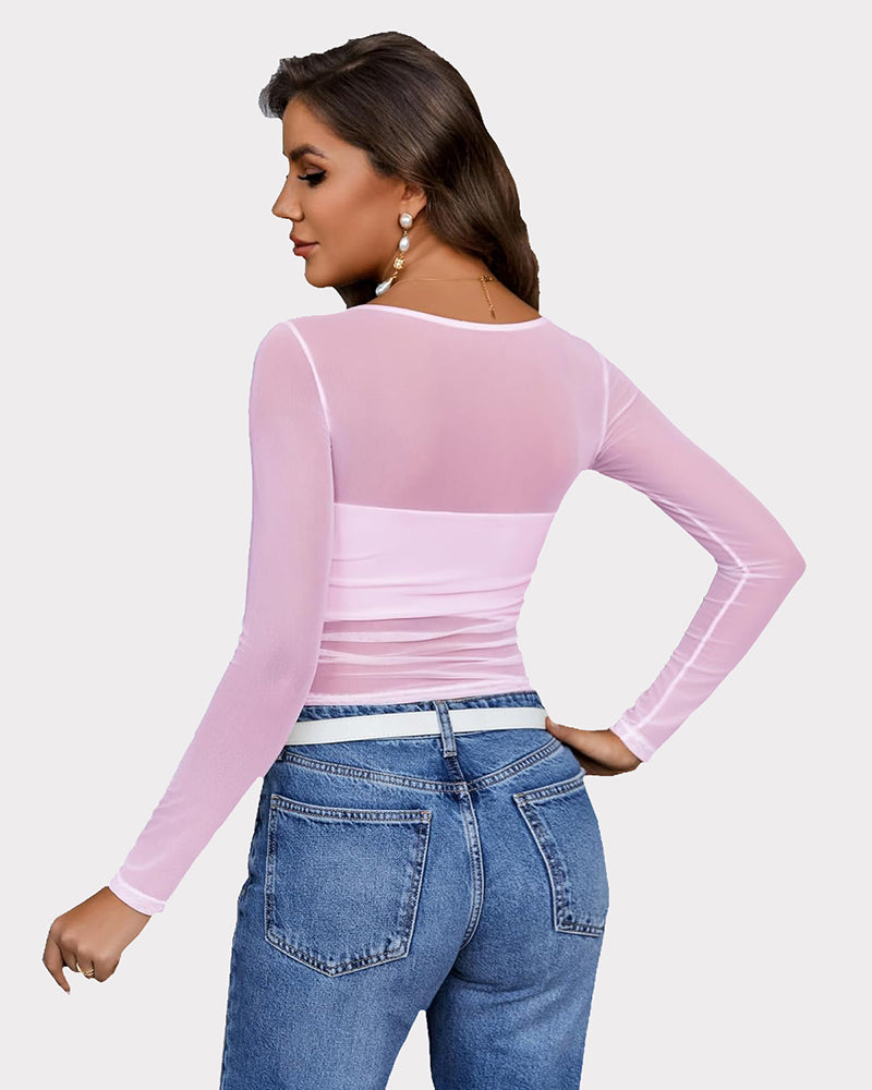 Lilac sheer crop top with asymmetrical neckline and long sleeves