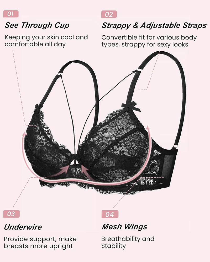 Black lace unlined strappy bra diagram showing cups, straps, underwire
