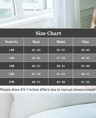 Size chart infographic with bust, waist, and hip measurements by size (inches)