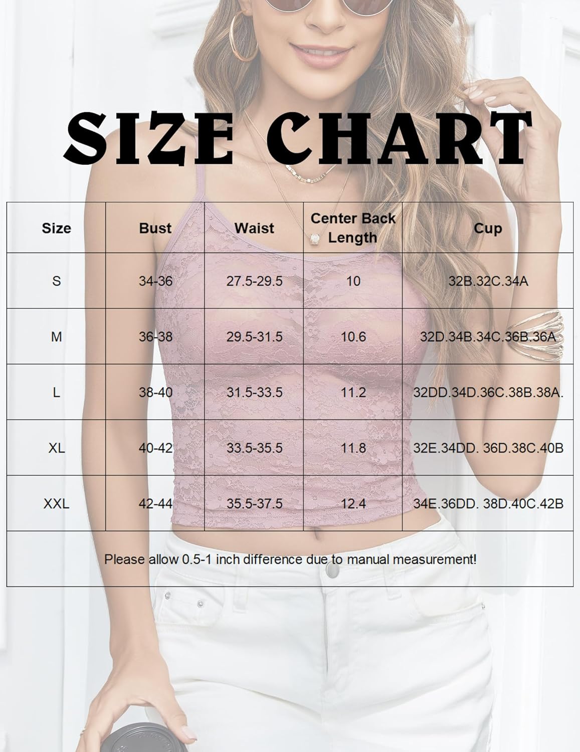 Size chart overlay on white lace crop tank top, thin straps