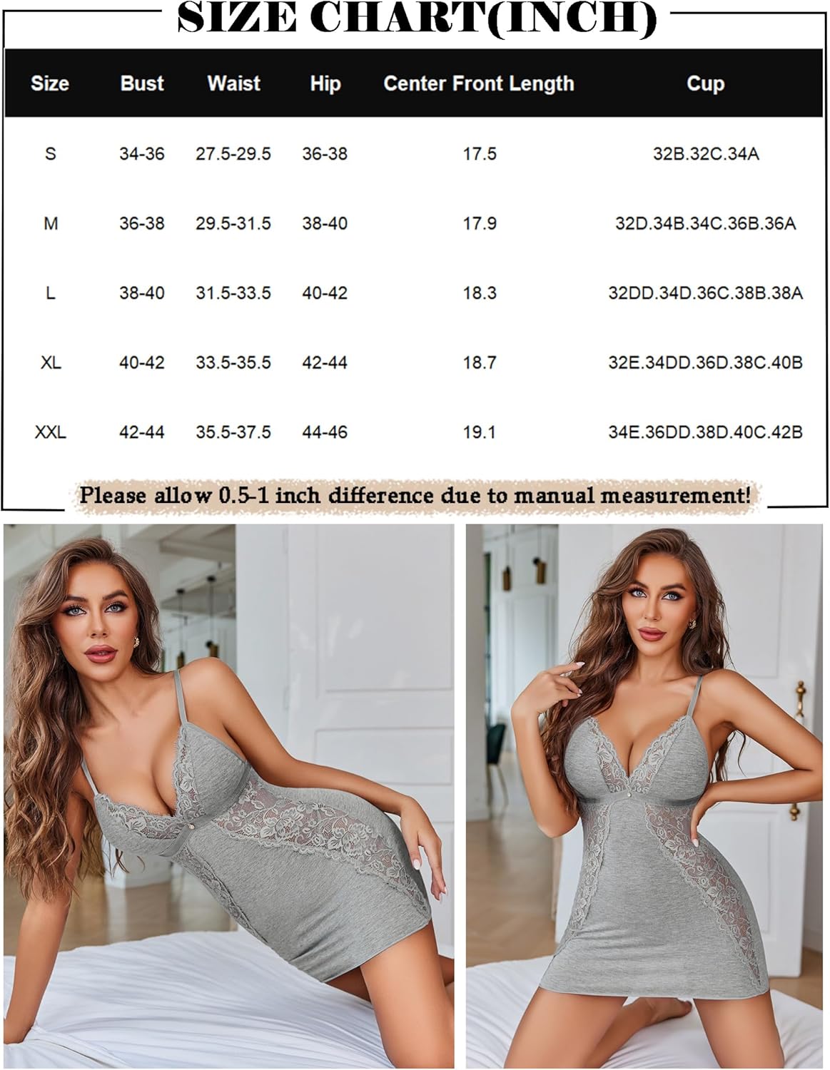 Size chart in inches listing bust, waist, hip, center front length, and cup sizes