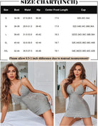 Size chart in inches listing bust, waist, hip, center front length, and cup sizes