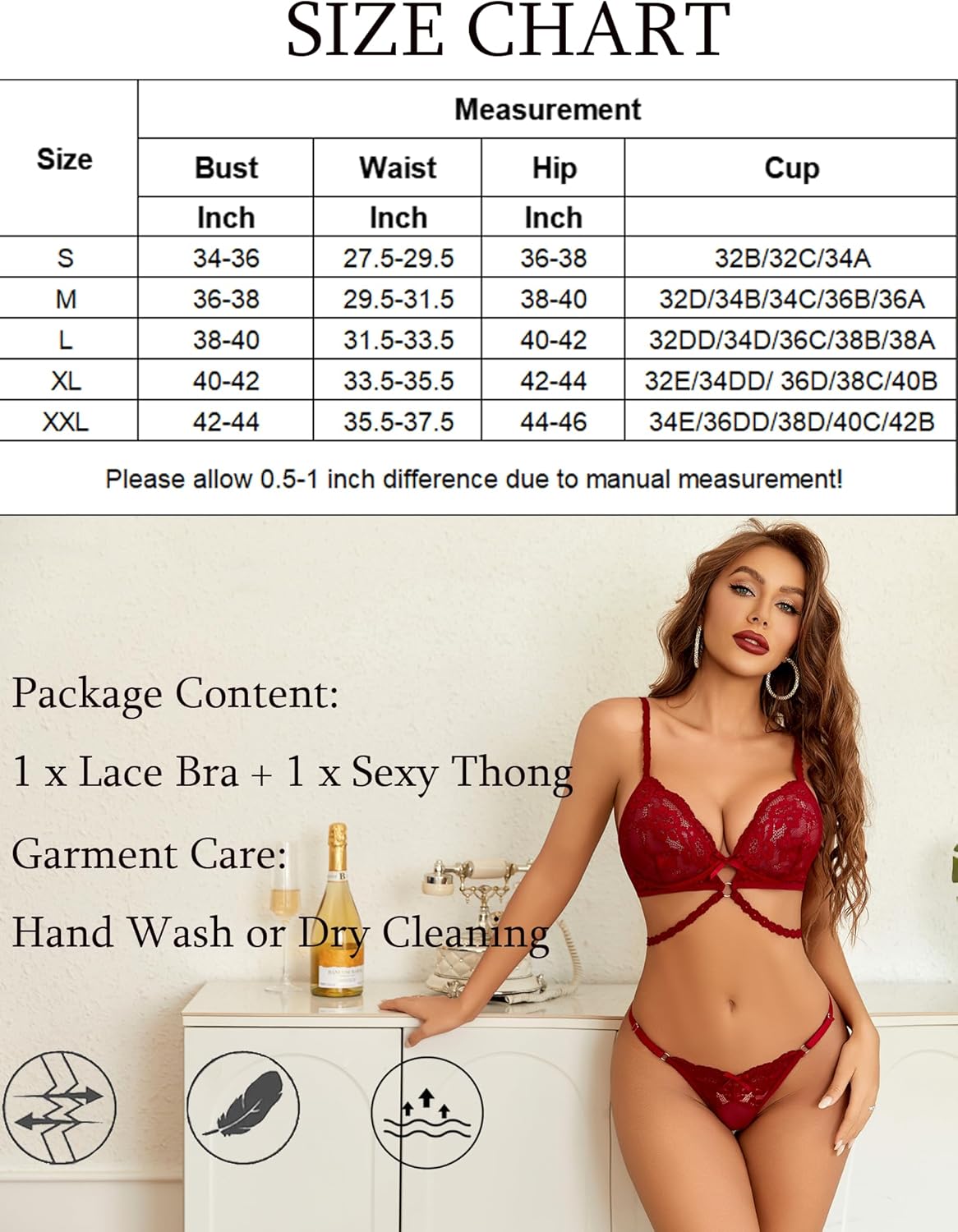 Wine red lace bra and thong set, front view with lace balconette cups