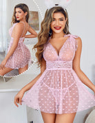 Lilac sheer mesh babydoll nighty, V-neck lace trim, heart print, bow shoulder straps